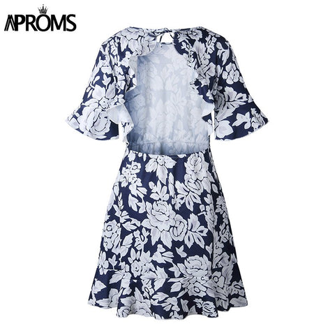 Elegant Ruffles Open Back Summer Dress Women Navy Floral Print Short MIni Dresses Flared Short Sleeve Dress Vestidos