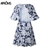 Elegant Ruffles Open Back Summer Dress Women Navy Floral Print Short MIni Dresses Flared Short Sleeve Dress Vestidos