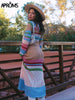 Aproms Multi Striped Crochet Midi Dresses Women Summer 2023 Scoop Neck Hollow Out Bodycon Dress Lady Holiday Festival Long Dress