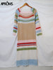 Aproms Multi Striped Crochet Midi Dresses Women Summer 2023 Scoop Neck Hollow Out Bodycon Dress Lady Holiday Festival Long Dress