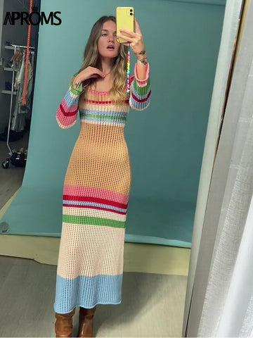 Aproms Multi Striped Crochet Midi Dresses Women Summer 2023 Scoop Neck Hollow Out Bodycon Dress Lady Holiday Festival Long Dress