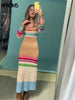 Aproms Multi Striped Crochet Midi Dresses Women Summer 2023 Scoop Neck Hollow Out Bodycon Dress Lady Holiday Festival Long Dress