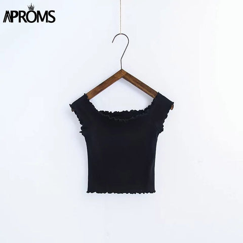 Off shoulder Black Crop Top 90's Girls Casual Ruffles Knitted Elastic Tops Streetwear Tank Top Cropped Tops Pink Bralet