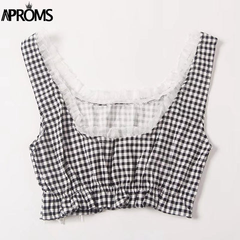 Red Black Plaid Crop Top 2022 Casual Ruffles Elastic Tank Tops Women Vintage 80s Slim Basic Top 2022 All-Match Clothing
