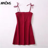 Red Stripe Blocked Summer Mini Dress Elegant Bow Tie Up Shoulder Sundresses Women Slim Fit Ribbed Bodycon Dresses Vestido