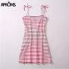 Red Stripe Blocked Summer Mini Dress Elegant Bow Tie Up Shoulder Sundresses Women Slim Fit Ribbed Bodycon Dresses Vestido