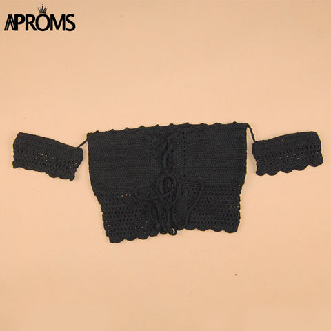 Sexy Knitted Crochet White Crop Tops Bikini Beachwear 90s Girls Casual Lace Up Off Shoulder Bikini Bra Tank Top Cropped