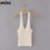 White Halter Knitted Low Back Tank Top Summer Deep V Neck Streetwear Fashion 2022 90s Co Basic Tops for Women Clothing
