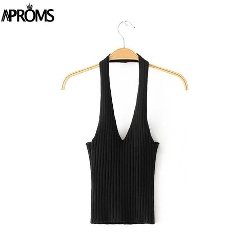 White Halter Knitted Low Back Tank Top Summer Deep V Neck Streetwear Fashion 2022 90s Co Basic Tops for Women Clothing
