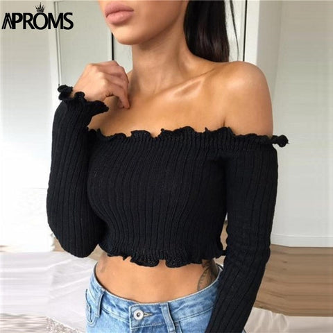 White Knitted Crop Top Sexy Off Shoulder Ruffles Tank Tops Women Short Tees Knit T-shirt Casual 90s Co Streetwear Camis