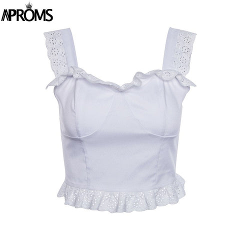 White Lace Ruffle Tank Tops Women Casual Sleeveless Low Back Crop Top 2022 Summer Co Girls Streetwear Slim Fit Bra Top