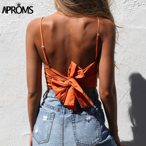White Lace Up Linen Camisole Women Summer Beach Tie Up Bow Female Cami Crop Top Sexy Backless Sleeveless Short Tees