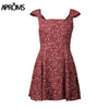 Wine Floral Print Short Dress Women Backless High Waist Summer Dress Vintage Beach Dress Sundress Vestidos 11261