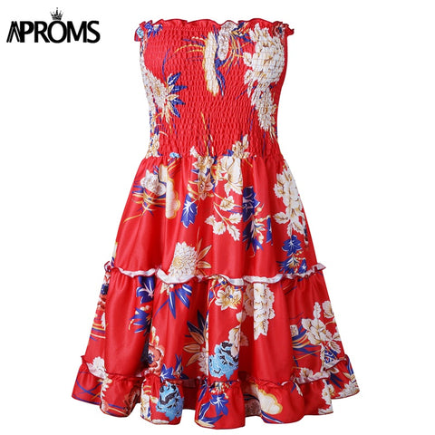 Yellow Fruit Floral Print Short Dress Summer Ruffle Off Shoulder Dresses Women Casual Beach Sleeveless Tube Sundress 2022
