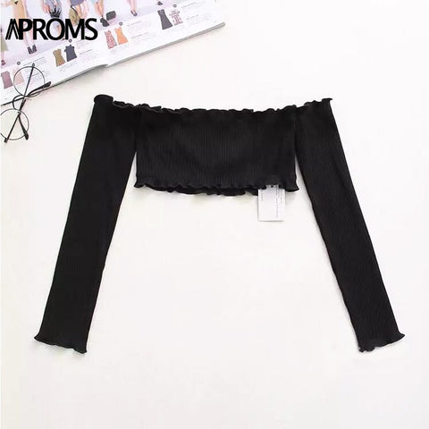 Yellow Off Shoulder Ruffles Tank Top Women Short Tees T-shirt Sexy Elastic Camisole Crop Top Casual 90s Co Party Tops