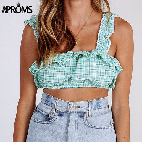 Yellow White Plaid Print Crop Top Casual Ruffles Elastic Bust Tank Tops Women Slim Fit Basic Summer 2022 Street Clothing
