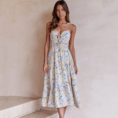 Ardm Elegant Floral Print Ruffle A-Line Holiday Spaghetti Dresses Women 2023 Backless Sleeveless Party Midi Dress Beach Vestidos