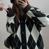 Argyle Cardigan Sweater Women Oversize Knitted Sweater Loose Casual Single Breasted V-neck Knitwear Korean Cardigan Winter Tops