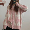Argyle Cardigan Sweater Women Oversize Knitted Sweater Loose Casual Single Breasted V-neck Knitwear Korean Cardigan Winter Tops