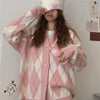 Argyle Cardigan Sweater Women Oversize Knitted Sweater Loose Casual Single Breasted V-neck Knitwear Korean Cardigan Winter Tops