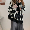 Argyle Cardigan Sweater Women Oversize Knitted Sweater Loose Casual Single Breasted V-neck Knitwear Korean Cardigan Winter Tops