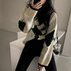 Argyle Knitted Sweater Women Oversized Pullovers Winter Long Sleeve Jumper Ladies Vintage Plaid Sweaters Streetwear Couples