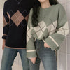 Argyle Knitted Sweater Women Oversized Pullovers Winter Long Sleeve Jumper Ladies Vintage Plaid Sweaters Streetwear Couples