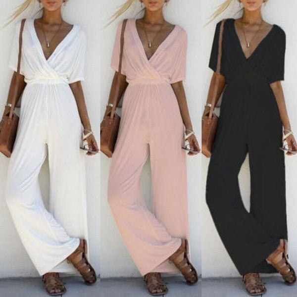 Women V Neck Loose Playsuit Party Ladies Bodysuits Jumpsuits Short Sleeve Long Jumpsuit S-XL