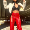 ArtSu Lace Up PU Leather Pants Y2K Clothes Streetwear Bandage Long Trousers Joggers Women Pink Straight High Waist Pants Bottoms