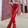 ArtSu Lace Up PU Leather Pants Y2K Clothes Streetwear Bandage Long Trousers Joggers Women Pink Straight High Waist Pants Bottoms