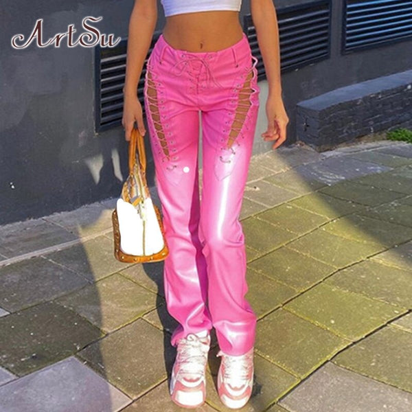 ArtSu Lace Up PU Leather Pants Y2K Clothes Streetwear Bandage Long Trousers Joggers Women Pink Straight High Waist Pants Bottoms