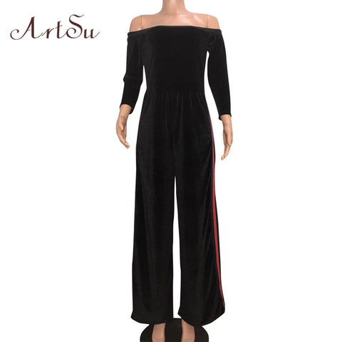 Sexy Off shoulder Velvet Black Jumpsuit Romper Women High Split Winter Long Playsuit Wide Leg Pant Fall Overalls ASJU30243