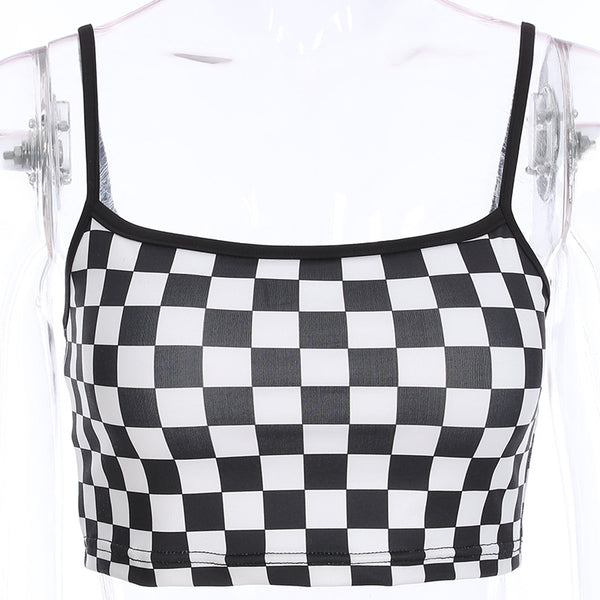 Sexy Plaid Cropped Top 2022 Summer Sleeveless Black Tank Tops Tees Checkerboard Camis Streetwear Workout ASVE20257