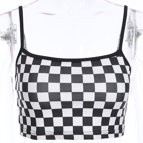 Sexy Plaid Cropped Top 2022 Summer Sleeveless Black Tank Tops Tees Checkerboard Camis Streetwear Workout ASVE20257