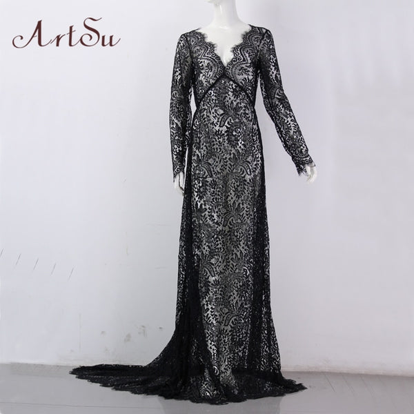 Women See Through Floral V-Neck Elegant Lace Long Dress Sexy Maxi Autumn Winter Evening Party Dresses Vestidos ASDR20034