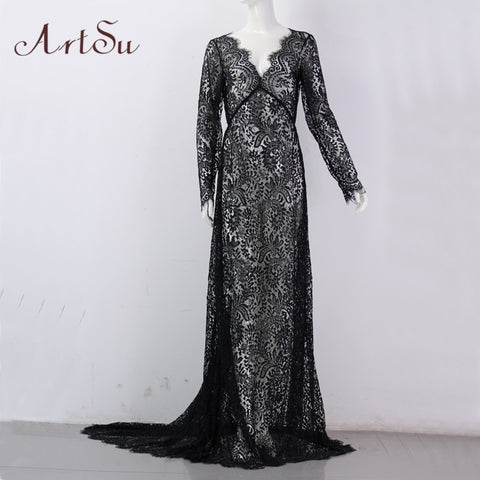 Women See Through Floral V-Neck Elegant Lace Long Dress Sexy Maxi Autumn Winter Evening Party Dresses Vestidos ASDR20034