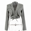 Articat Gray Double Layer Bandage Slim Blazer Women Long Sleeve Pocket Short Jacket Female Notched Collar Outwear Tops 2022 New