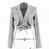 Articat Gray Double Layer Bandage Slim Blazer Women Long Sleeve Pocket Short Jacket Female Notched Collar Outwear Tops 2022 New