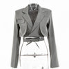 Articat Gray Double Layer Bandage Slim Blazer Women Long Sleeve Pocket Short Jacket Female Notched Collar Outwear Tops 2022 New