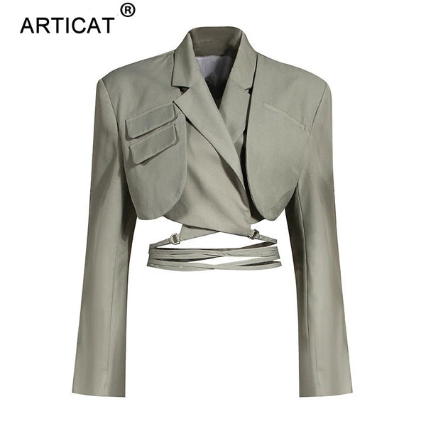 Articat Gray Double Layer Bandage Slim Blazer Women Long Sleeve Pocket Short Jacket Female Notched Collar Outwear Tops 2022 New