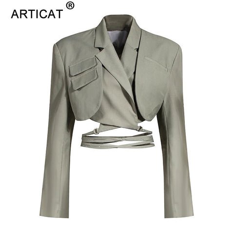 Articat Gray Double Layer Bandage Slim Blazer Women Long Sleeve Pocket Short Jacket Female Notched Collar Outwear Tops 2022 New