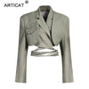 Articat Gray Double Layer Bandage Slim Blazer Women Long Sleeve Pocket Short Jacket Female Notched Collar Outwear Tops 2022 New