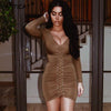 Long Sleeve Bandage Summer Dress Women 2022 Deep V Neck Elastic Bodycon Party Dress Vestidos Casual Pleated Pencil Dress