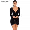 Long Sleeve Bandage Summer Dress Women 2022 Deep V Neck Elastic Bodycon Party Dress Vestidos Casual Pleated Pencil Dress