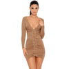 Long Sleeve Bandage Summer Dress Women 2022 Deep V Neck Elastic Bodycon Party Dress Vestidos Casual Pleated Pencil Dress