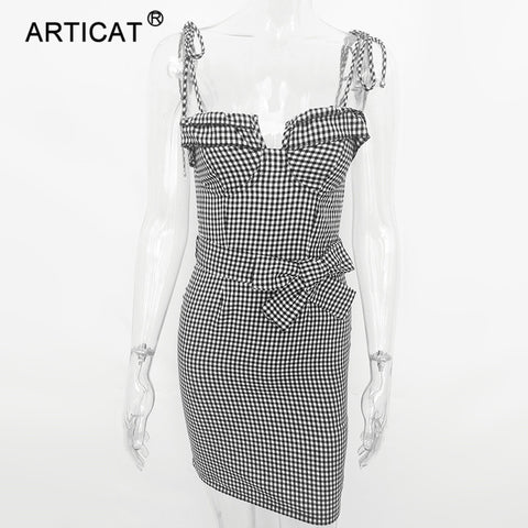 Plaid Spghetti Strap Sexy Women Summer Dress 2022 Vestdiso Sleeveless Bow Belt Bodycon Beach Dress Casual Party Dresses