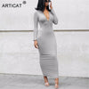 Articat Sexy Bandage Full Sleeve Party Dress Women Solid Color O-Neck Summer Maxi Bodycon Dresses For Ladies Autumn Vestidos