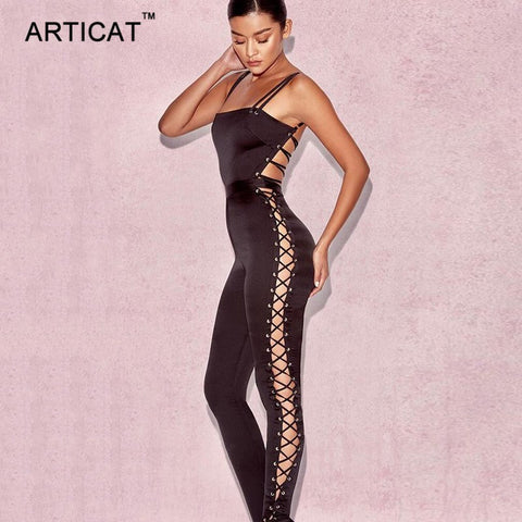 Sexy Hollow Out Bandage Jumpsuit Women Rompers 2022 Elegant Strapless Backless Lace Up Bodycon Bodysuit Party Overalls