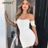 Sexy Strapless Bodycon Mini Summer Dress Women Short Sleeve Off Shoulder Pleated Bandage Dress Casual Sheath Dress Short