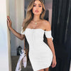 Sexy Strapless Bodycon Mini Summer Dress Women Short Sleeve Off Shoulder Pleated Bandage Dress Casual Sheath Dress Short